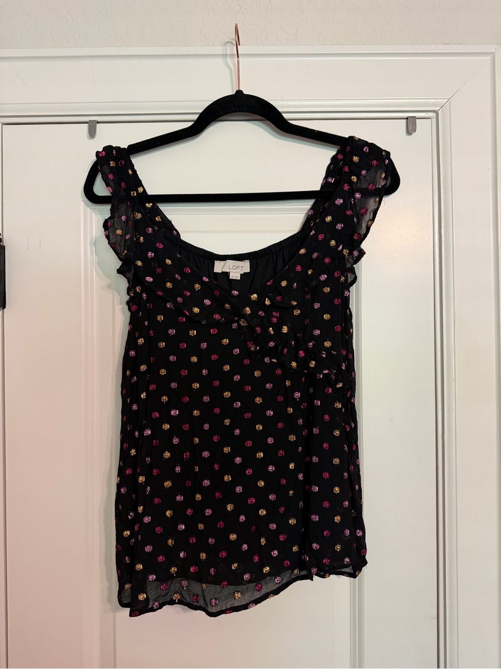 LOFT Black Floral Dot Ruffle Strap Camisole